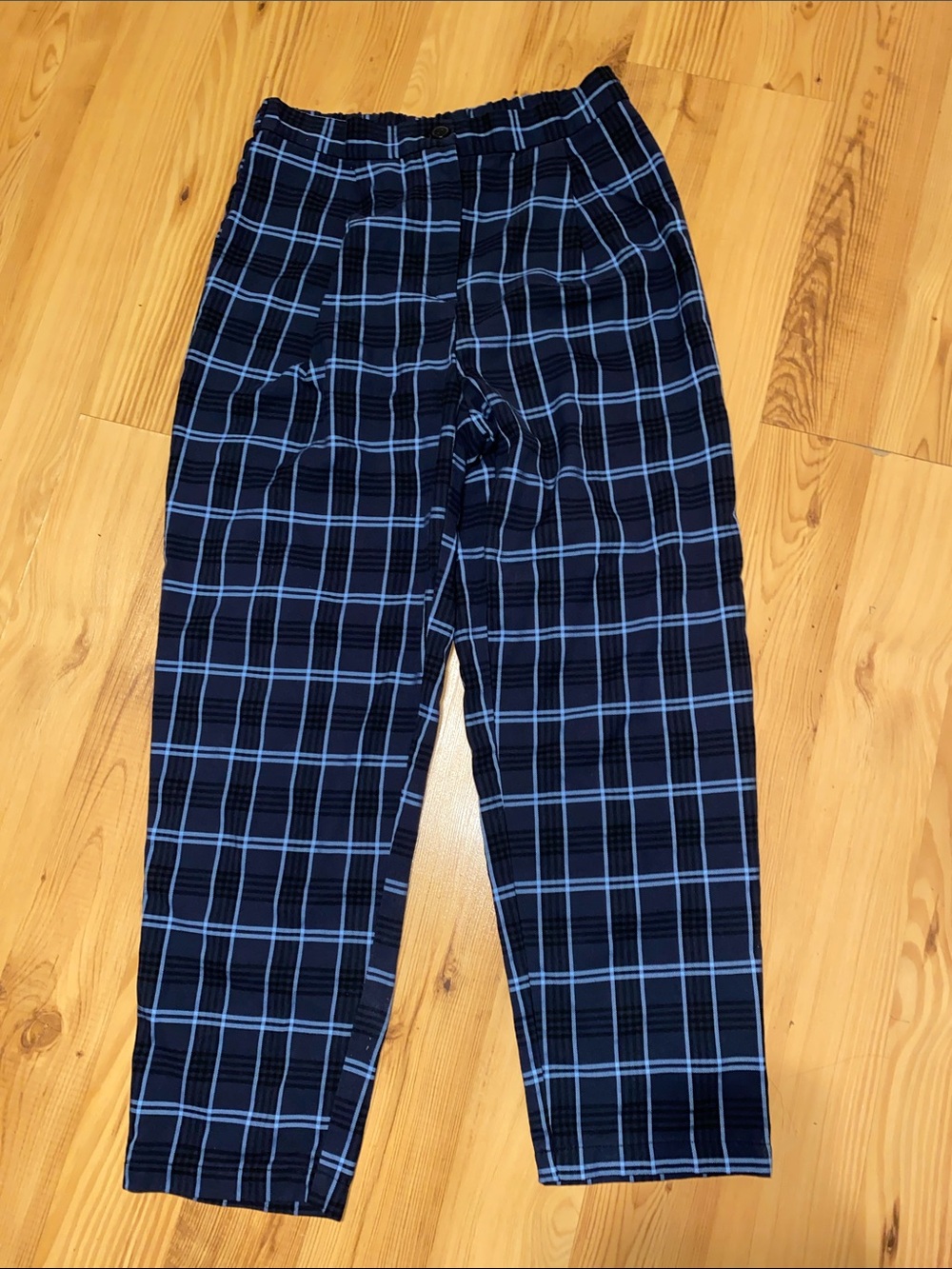 Divided Navy and Light Blue Plaid Straight-Leg Pants